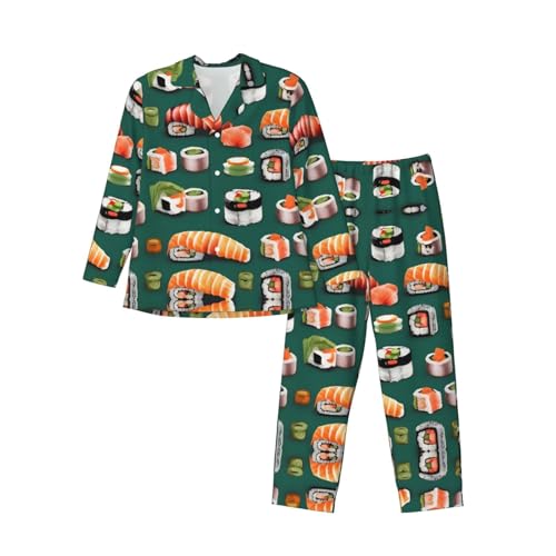 LLOTPQ Herren Pyjama Set Langarm Weich Seidig Sushi Essen Muster Druck Nachtwäsche Lose Home Kleidung Einstellbar Elastisch, Schwarz , L