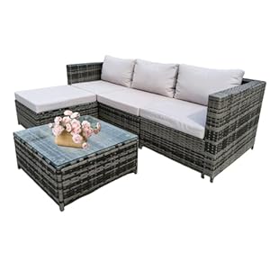 GadgetHaven Garden Corner Sofa Furniture, 4-Seater All-Weather Rattan Corner Sofa Set w/Tempered Glass Coffee Table, Ottoman - L-Shaped Patio Garden Furniture (Grey Rattan+Light Grey Cushion)-YXL-2