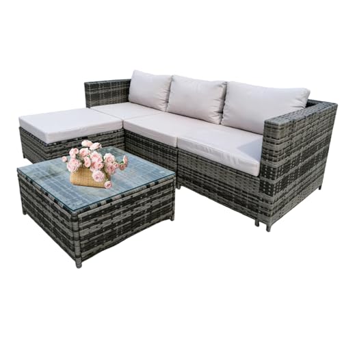GadgetHaven Garden Corner Sofa Furniture, 4-Seater All-Weather Rattan Corner Sofa Set w/Tempered Glass Coffee Table,Ottoman - L-Shaped Patio Garden Furniture (Grey Rattan+Light Grey Cushion)-YXL-2
