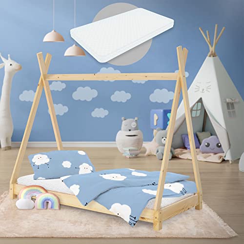 ML-Design Letto Montessori Tipi per Bambini 80 x 160 cm Naturale, in Legno di Pino Massiccio, con Rete a Doghe e Materasso Sfoderabile in Schiuma Fredda, Lettino Basso a Forma di Tenda Indiana