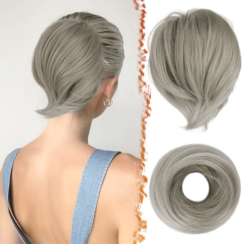 BARSDAR Gray Hair Bun Extensions - Synthetic Fully Short Straight Ponytail Messy Hair Bun Extensions for Women - Elastic Grey Chignon Scrunchies Salt and Pepper Hairpieces Daily- Gray Mix