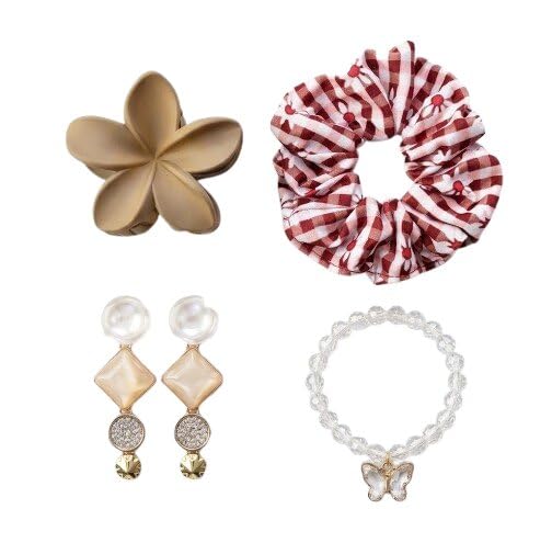 Image of 4-Piece Cute Accessory Combo Pack for Women: Matte Flower Hair Claw Clip, Gingham Scrunchie, Pearl Hair clip, Clear Beaded Charm Bracelet