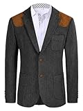 Mens Vintage Herringbone Tweed Blazer with Suede Shoulder Patch Casual Hunting Style Sport Coat Gray 2XL