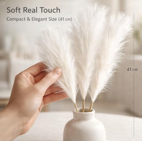 Image of Divyakosh Artificial Pampas Grass 3 Pcs (White) Faux Dried Flowers Small Flower Stems for Home Decor, Living Room, Bedroom, Table Vase Decoration Office Boho Decor (41 cm, No Vase)