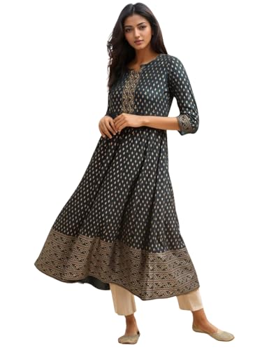 Image of rangita Teal Rayon Calf Length Embroidered Anarkali Kurti for Women | Kurta for Women
