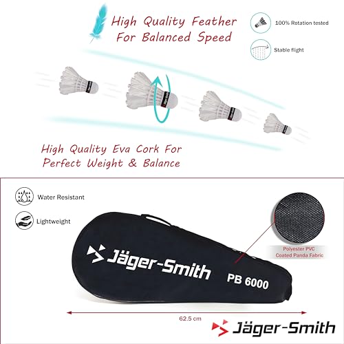 Jager-Smith PB 6000 Combo Aluminium Badminton Racquet with Tempered Steel Shaft & Featherlite 2 (Pack of 3) Feather Shuttles and Full Cover Suitable for Kids Age 6-11 Years (Made in India)