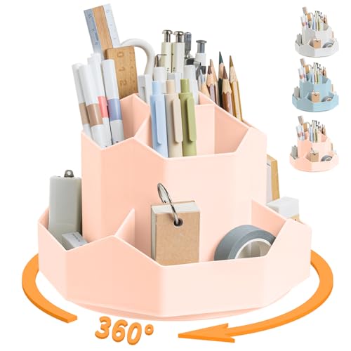 Pencil Pen Holder for Desk,9 Slots 360 Degree Rotating Desk Organizers,Desktop Storage Stationery Supplies Organizer, Cute Pencil Cup Pot For Office, School, Home(Pink)