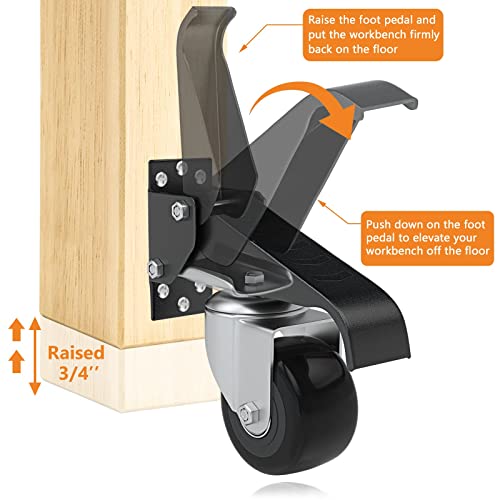 DOZAWA Rodízio para bancada de trabalho, conjunto de 4 rodas retráteis duráveis de aço resistente, t