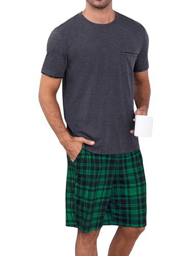 RQP Mens Pajama Set Soft Breathable Sleepwear Lightweight 2 Piece Loungewear Comfortable PJs for Sleeping Lounging Travel,Green Plaid