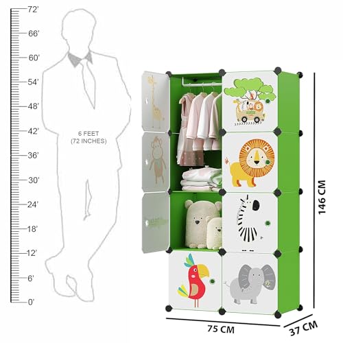Image of EXVITO 8 Door Kids Plastic Wardrobe for Clothes, Foldable Plastic Almirah for Clothes, Collapsible Wardrobe for Storage, Baby Cupboard for Clothes, Storage Rack for Kids - Green