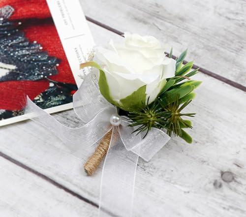 Aimto White Rose wrist corsage and boutonniere set for White Wedding Flower Accessories Prom Suits (3pairs White Rose Set) - Thumbnail 6