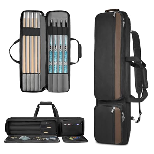 ORKELS 4x5 Pool Cue Case with Multi-Pockets, Soft Padded Billiard Stick Case for 4 Butts & 5 Shafts, Large Front Accessory Pockets, Adjustable Shoulder Strap, Black
