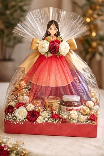 Image of SATYAM KRAFT 2 Pcs Bride Gown Style Decorative Attachment for Small Bags | Net Gown Doll Design for Suitcase Decor, Trousseau Packing, Wedding Decor, Engagement & Gift Wrapping (Red)