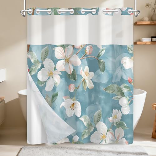 Watercolor Floral Blue Shower Curtain with Detachable Snap in Liner, No Hook Farmhouse Shower Curtain with Breathable Ventilation Window, Waterproof Fabric Shower Curtains for Bathroom, 71x74 Inches