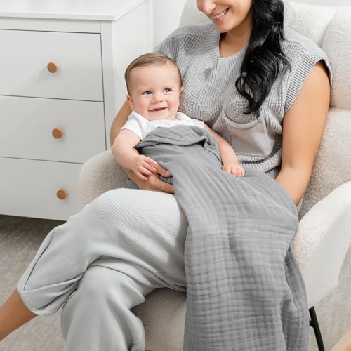 Image of Comfy Cubs Muslin Baby Blanket - Soft, Lightweight, 6-Layer Cotton Swaddle Blankets for Newborns, Infants & Toddlers - 40 inch x 40 inch Large, Breathable & Versatile for Sleeping & Tummy Time - Heather Blue