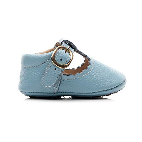 HONGTEYA Leather Leopard Baby Shoes Hard Sole T-Strap Boys Girls Moccasins for Infants Babies Toddlers (0-6 Months/ 3.5 M US Infant, Blue)