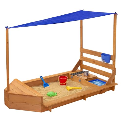 TETTO CON PROTEZIONE UV PER UN DIVERTIMENTO SICURO - L'ampia tettoia idrorepellente protegge in modo affidabile i bambini dalla luce diretta del sole e dalla pioggia leggera. Questo rende la sabbiera con tettoia perfetta per lunghi pomeriggi di gioco all'aperto. In giardino, sul patio o all'aperto, questa sabbiera da esterno crea un ambiente di gioco piacevole e protetto per più bambini contemporaneamente.