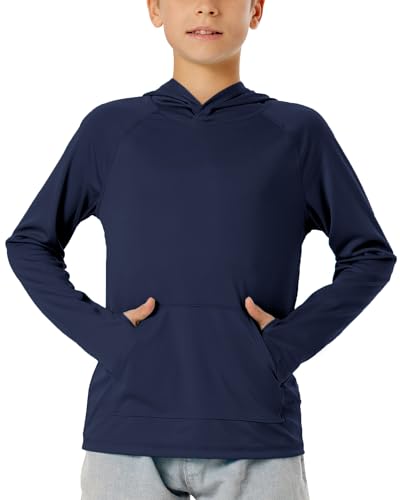 Image of Boys Rash Guard Long Sleeve Hoodie Swim Shirt with Pocket Youth Kids UPF 50+ Sun Protection Fishing Shirts Thumb Hole