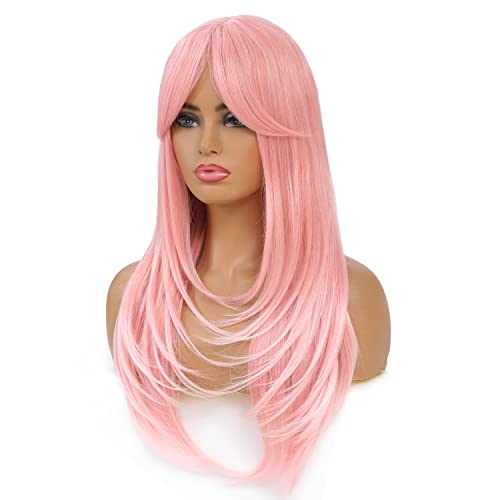 Swacc Long Layered Straight Wig With Bangs Synthetic Hair Wig For Women With Wig Cap (Pink Ombre) #TOP3
