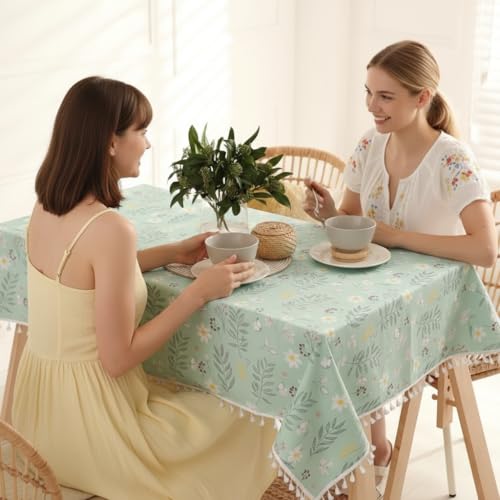 Image of Amazon Brand - Umi Premium Microfiber Cotton Table Cloth for 6-Seater Dining Table, 60 x 90 Inch Rectangular Printed Dining Table Cover with Tassels, Washable, Reusable,Pack of 1
