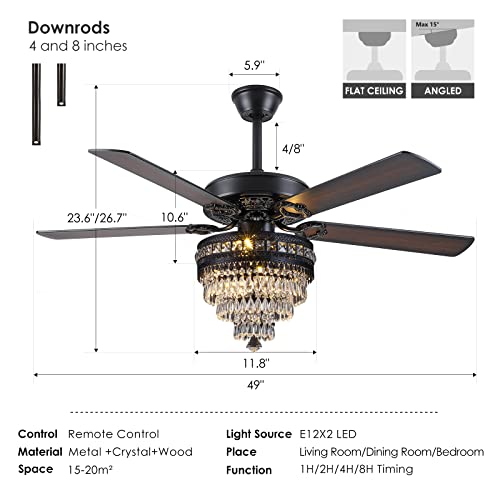 Crystal Ceiling Fan Fandelier With Lights - Modern Outdoor Ceiling Fans With Remote Control，Noiseless Ac Motor, Retro Ceiling Fans，Farmhouse Lighting，Dining Room， Living Room (52" #TOP2