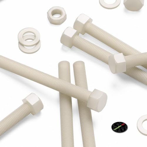 Image of 5X Natural Nylon PA66 Hex Head Plastic Bolts, Nuts & Washers, M16 x 150 mm, Fastener, (5 /8 x 5 29 /32 in)