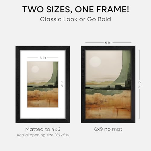 Image of Homeforia 6x9 Black Oak Picture Frame, High-End Wood, 4x6 Mat, Glass | High End Solid Oak Wood, Tempered Glass, Acid-Free 4x6 Removable Mat, 6x9 Edge-to-Edge Display 9x6, Wall Kit, Set Of 1