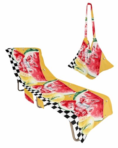 Summer Watermelon Beach Lounge Chair Towel Cover, Soft Chaise Lounge Towel with Side Pockets Patio Pool Chairs Cover for Beach/Pool Sunbathing 29x85 Black White Plaid Fruits Yellow