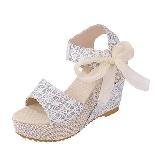 Minetom Sandalias con Cuña Mujer Verano Dulce Encaje Arco Peep Toe Zapatos Chancletas Zapatillas Playa Boda Blanco EU 38