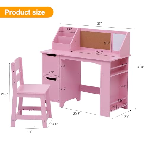 Kids Study Desk with Chair, Student Writing Table and Chair with Bookshelf, Bulletin Board, and Cabinets, Children Study Table for Boys and Girls, Pink