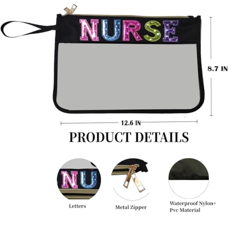 Nurse Letter Bags Clear Makeup Bag, Nurse Gift Cosmetic Bag for Travel Zipper Pouch with Handle Nurse Accessories, Nylon & PVC Waterproof Toiletry Organizer Bag for Women Girls Gift (Black Nurse)2