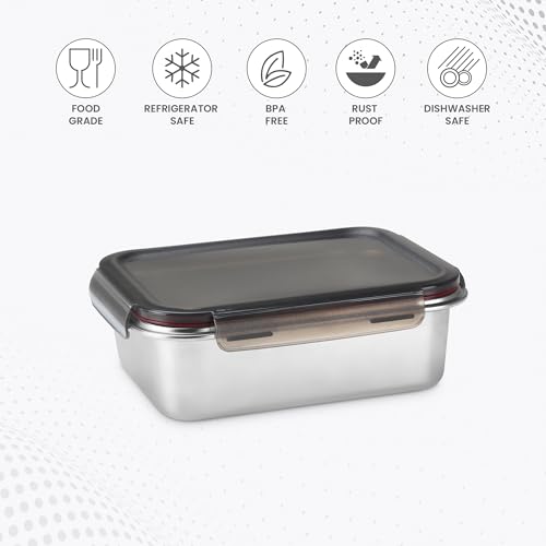 Image of MILTON Modulo Steel Rectangular Container with lock lid, Set of 3 (600,1200 & 2200 ml)|Airtight & Leakproof|Microwave & Oven safe| Light Weight | School, Office or Picnic use, Silver
