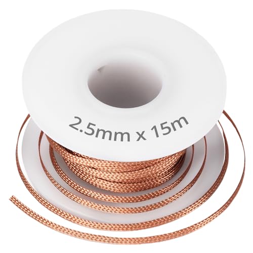 QWORK® treccia dissaldante, stoppino di flusso in filo di rame, per una rimozione efficiente della saldatura, 2.5 mm x 15 m