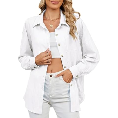 BAISHENGGT Womens Button Down Shirts Casual Long Sleeve Textured Blouses Shirt Vacation Tops with Pocket White L Cover