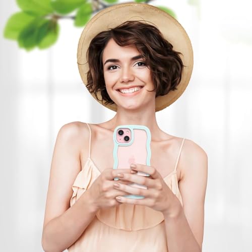 Image of GoldKart iPhone 15 Plus Case Wavy Edge Clear Back Design, Anti-Slip Grip Cute Wave Curly Frame Shape Shockproof Soft TPU & Hard PC Bumper Protective Phone Case Cover for Women Girls - Light Blue