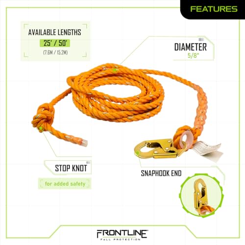 Frontline VLP50 Vertical Lifeline with Snap Hook 50\' | 5/8\'\' Diameter Polysteel Twisted Rope | ANSI & OSHA Compliant | Roofing & Scaffolding - Thumbnail 2