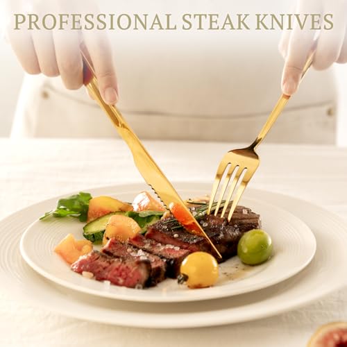 Image of Astercook Silverware Set 48-Piece Gold Flatware Set with Steak Knives Food-Grade Stainless Steel Cutlery Set for 8 Mirror Polished Utensils Set for Home Kitchen Restaurant