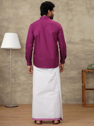 Image of RAMRAJ COTTON Men Full Sleeve Solid Shirt With Matching Border Dhoti|Ideal For Weddings And Occasion