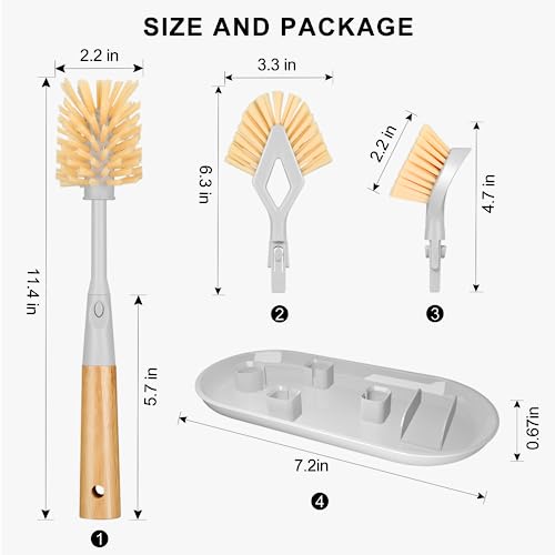 Setsail Dish Brush Set With Storage Holder, 4-In-1 Kitchen Cleaning Brush Set With 2 Interchangeable Brush Heads&Scrub Sponge Bamboo Handle Bottle Brush, Dish Scrub Brush And Corner Brush For Kitchen #TOP1