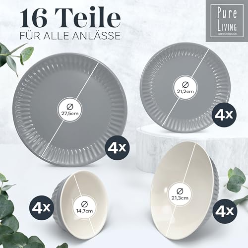 Steingut Geschirrset 4 Personen Hygge 16 tlg. TESTSIEGER, Traumhaftes Skandinavisches Steingut Geschirr Set, Schüssel- und Teller Set, Tafelservice 4 Personen, Geschirrsets Pure Living in Graublau