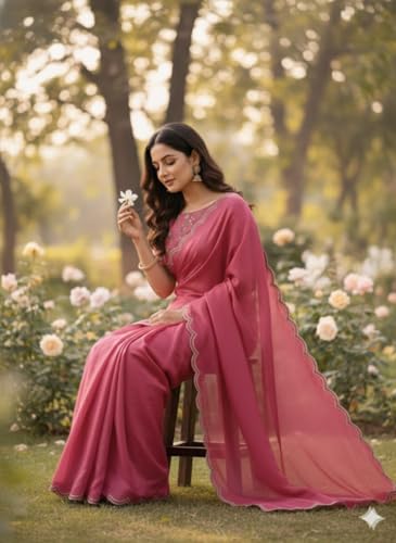 Image of Chinon Silk Saree with Embroidered Blouse, Traditional Georgette Saree, Elephant Embroidery Pattern, V-Neck Design, Free Size, Festival Wear