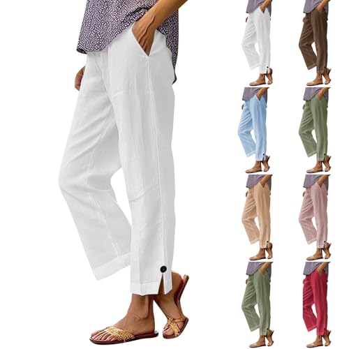 2025 Womens Linen Pants Elastic High Waist Straight Leg Lounge Palazzo Pant Casual Slacks Summer Trouser with Pockets White