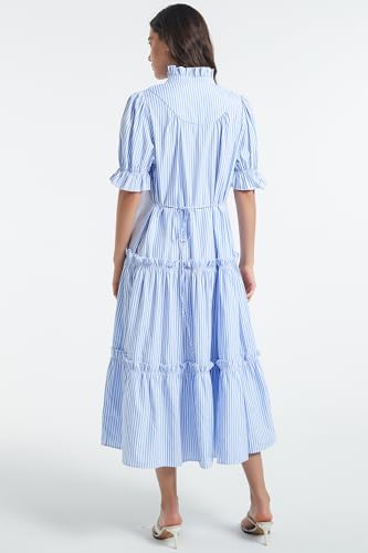 D-Sun Women Casual Button Down Maxi Dress Short Puff Sleeves Stand Collar Tiered Elegant Flowy Swing Long Dress with Tie4