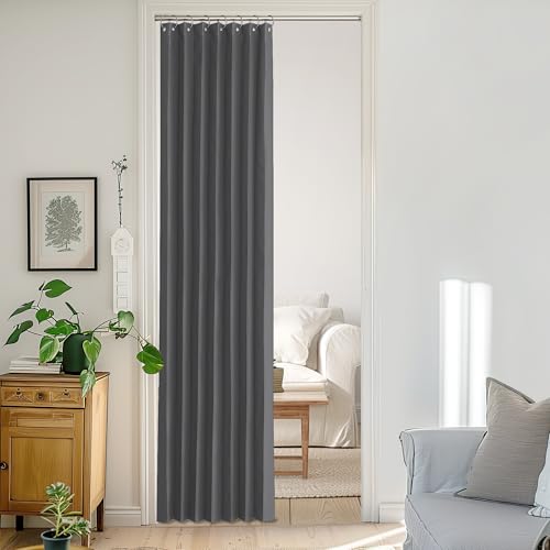 StangH Cortinas opacas de acordeón para puertas, aislamiento térmico, bloqueo de luz, cortina de privacidad para dormitorio, baño y armario, estilo plegable con alzapaños, gris, 38 pulgadas de ancho x