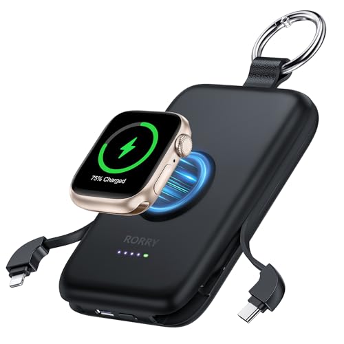 RORRY Portable Charger, 10000mAh PD 20W Fast Charging Portable Charger Power Bank with Built in Cables, Travel Battery Pack for iPhone 17/16/15/14/13/12 and Apple Watch Ultra/11/10/9/8/7/6/5