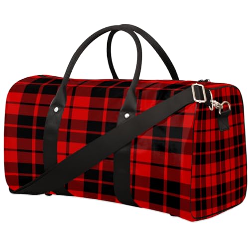 Rustic Buffalo Check Plaid Travel Duffel Bag, Black Red Tartan Sports Tote Gym Bag, Foldable Weekender Overnight Bag, Luggage Handle Bag for Women Men
