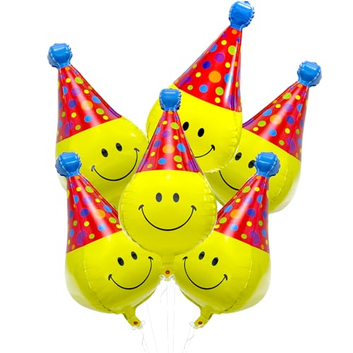 Unique 4D Happy Emoticons With Hat Balloons Smile Face Helium Balloons, 6 Pack Cute Cartoons Movie Character Smile with Party Hat Foil Mylar Balloons For Kids Birthday Decoration Party Supplies by Hokilands - Used condition - US$8.82