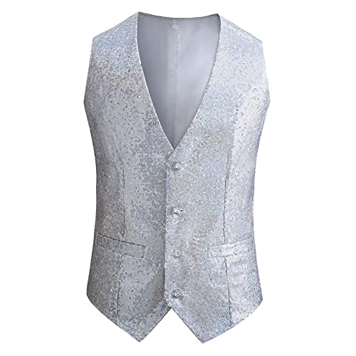 Rrongwn Chaqueta sin mangas para hombre con lentejuelas y cuello en V, cuello en V, chaleco brillante, para discoteca, carnaval, fiesta temática, disfraz, fiesta, chaleco de boda, chaqueta brillante