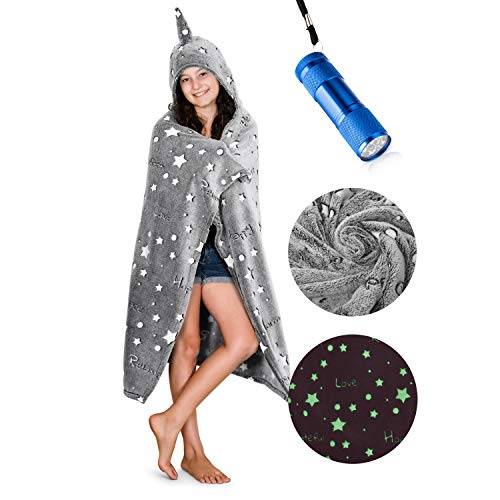 Glow in The Dark Hooded Unicorn Blanket for Girls ,Boys- Soft Fuzzy Fluffy Throw Blankets Include UV Flashlight ,Wearable Fleece Hoodie Head , Toddlers Kids Christmas Birthday Gift ,Gray Color