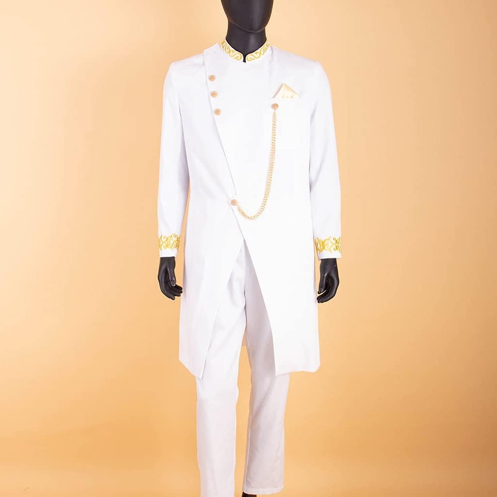 African Suit for Men Jacket Shirt and Pants 2 Piece Set Traditional Gold Printed Long Sleeve Outfits, S-4XL (Color : White, Size : 3X-Large)